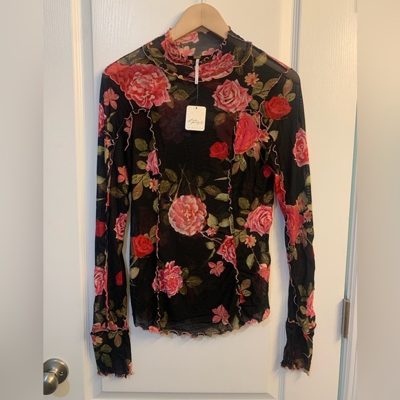 Free People Charlie Floral Printed Mesh Long Sleeve Mock Neck Top NWT - Picture 3 of 6